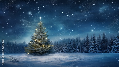 An illuminated Christmas tree shines majestically in a snowy meadow, encircled by a dense pine forest under a starry night sky.