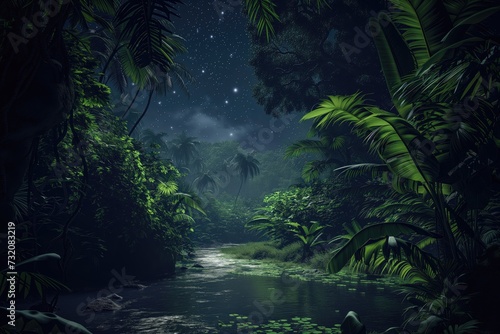 Photo of a jungle with a river during a dark gloomy night with stars
