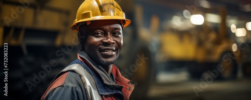 A smiling African man miner stands next to a large haul truck in his safety gear, arms folded.