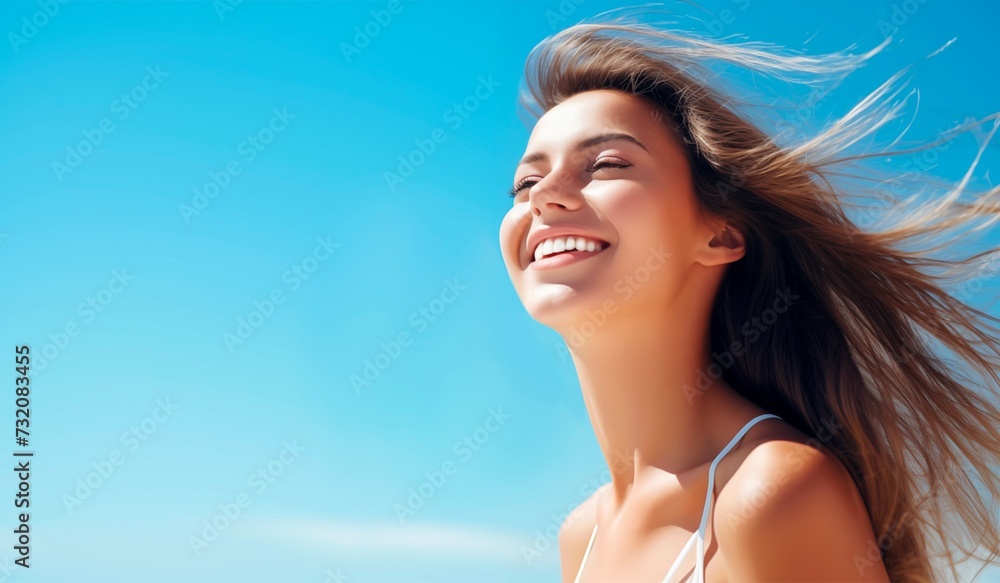 A beautiful young woman enjoying deep breathing in front of a clear blue sky on a sunny windy day of summer.
