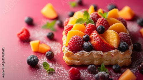 Simple yet captivating photo featuring a pastry complemented by an array of fresh fruits