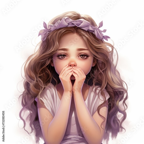 a cute little girl holding her head in her hands isolated