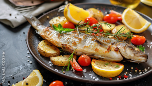 Grilled fish fillet on a plate with a variety of vegetables. Golden-crusted fish with bright cherry tomatoes