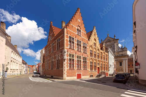 Panorama of Bruges street with beautiful medieval houses, Belgium