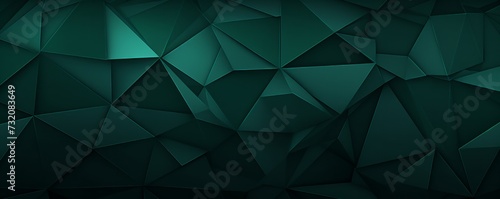 Panoramic abstract dark green background banner with 3D geometric triangular gradient texture.