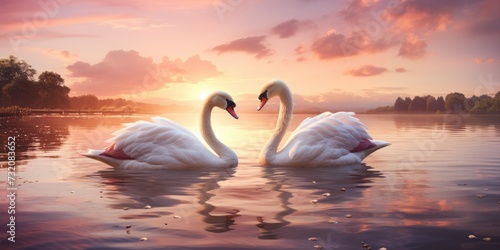 Two swans at sunrise or sunset  photo for poster. Romantic photo for Valentine s Day. 