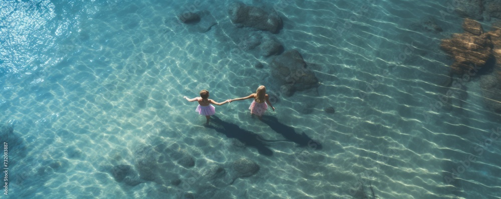 Aerial view of mother and daughter swimming together.