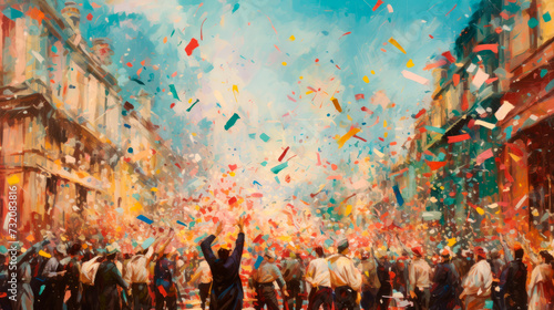 A vibrant street scene captured in a painting style, with confetti raining down on a joyous crowd, suggesting celebration, unity, and the festive spirit of a community gathering.