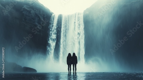 Minimalist shot depicting a romantic rendezvous with a stunning waterfall as ...