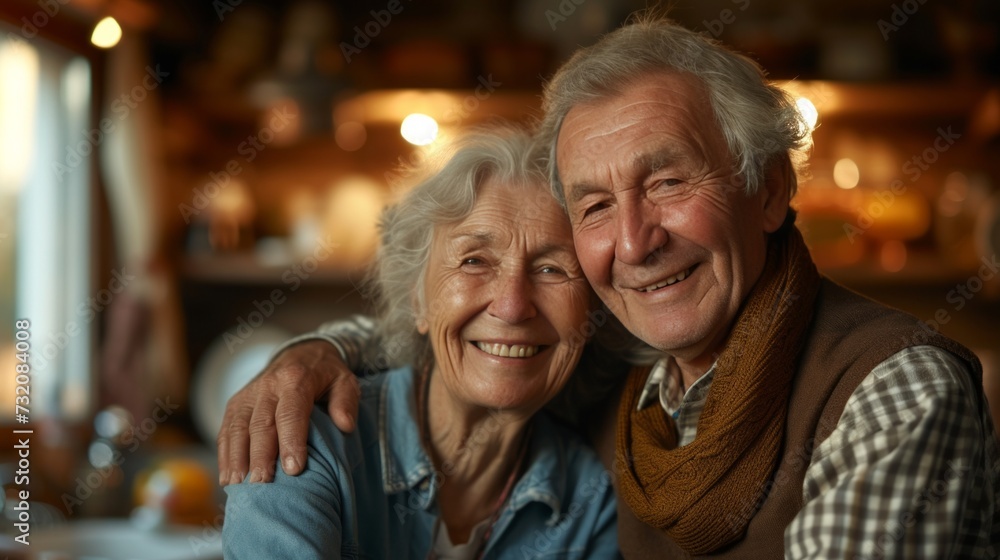 Subtle yet powerful depiction of the warmth and affection between a laughing couple in the kitchen Subtle yet powerful depiction of the warmth and affection between a laughing couple in the kitchen
