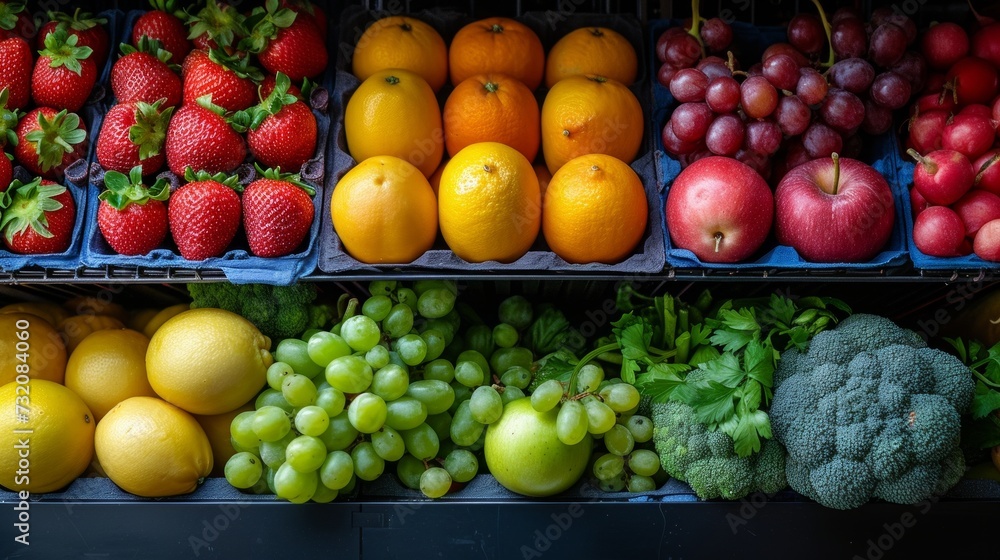 Clean composition showcasing vibrant fruits alongside crisp vegetables stored in the fridge Clean composition showcasing vibrant fruits alongside crisp vegetables stored in the fridge