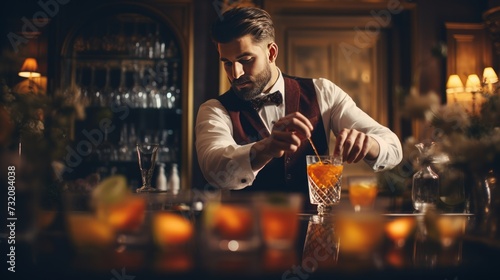 Bartender, barman preparing cocktail.