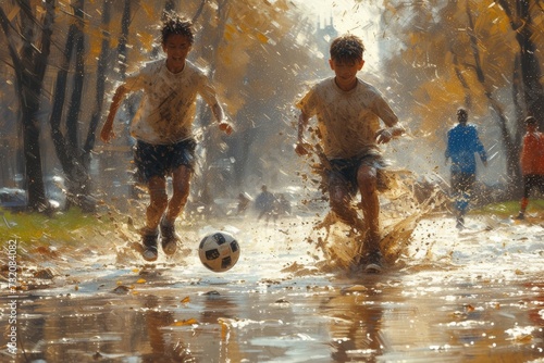 A playful group of young boys kick a soccer ball through the rain-soaked field, splashing through the puddles with unbridled joy