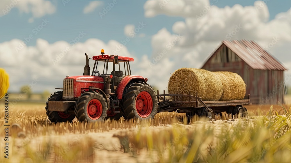 Obraz premium a farmer operating a tractor to load round hay bales onto a trailer, showcasing the agricultural process of harvesting and transporting straw bales with authentic realism and detail.