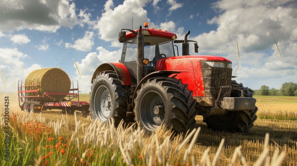 Obraz premium a farmer operating a tractor to load round hay bales onto a trailer, showcasing the agricultural process of harvesting and transporting straw bales with authentic realism and detail.