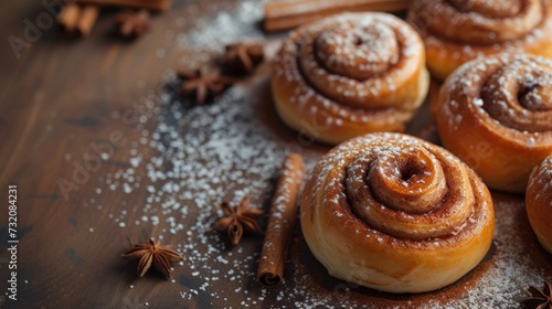 Minimalist photo featuring delectable cinnamon buns with a sprinkle of aromat...