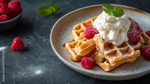 Simple yet refined portrayal of Belgian waffles served with a dollop of whipped cream