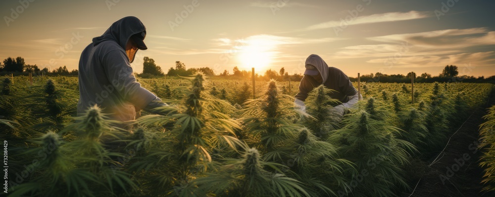 Professional researchers conducting research on a cannabis plantation. - obrazy, fototapety, plakaty 