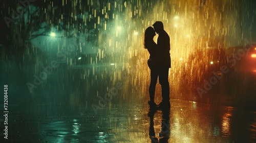Artistic depiction of romance as a couple shares a romantic moment in the mid...