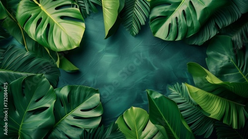 Clean and sophisticated backdrop adorned with verdant tropical leaves, symbolizing vitality and freshness © olegganko