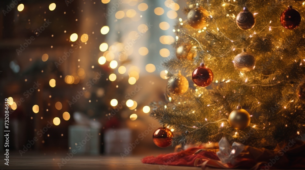 Christmas tree adorned with decorations and light flare, illuminated beautifully.