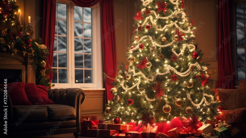 Christmas tree adorned with decorations and light flare, illuminated beautifully.