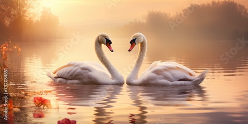 A pair of heart-shaped white swans swimming in the lake, photo for Valentine's Day. Generative AI