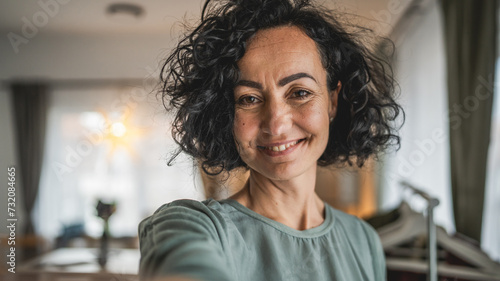 Mature caucasian woman wear white shirt happy smile portrait close up