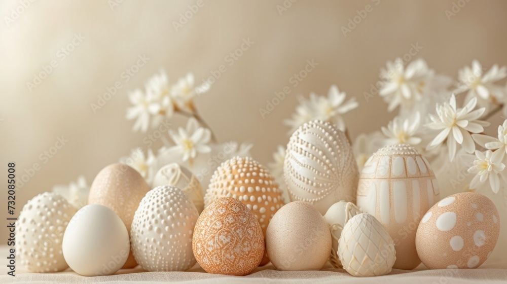 Clean and refined image of intricately decorated Easter eggs arranged tastefully for greeting cards Clean and refined image of intricately decorated Easter eggs arranged tastefully for greeting cards