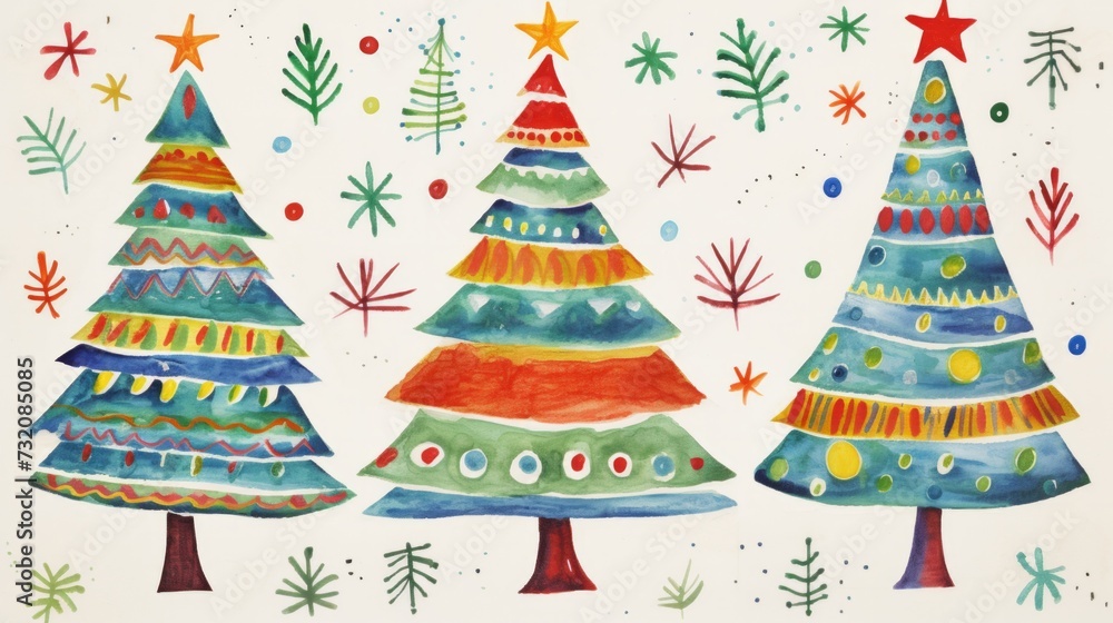 Hand-drawn Christmas tree art for greeting cards, merry Christmas, and happy New Year wishes, childlike art for schools.