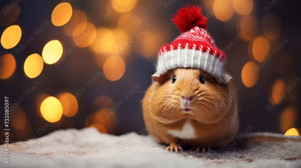 A charming guinea pig dons a knitted hat against a Christmas backdrop. A charming guinea pig dons a knitted hat against a Christmas backdrop.