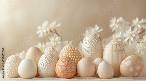 Clean and refined image of intricately decorated Easter eggs arranged tastefully for greeting cards
