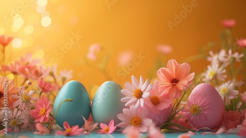 Elegant composition capturing the essence of Easter with vibrant eggs and fresh spring blooms