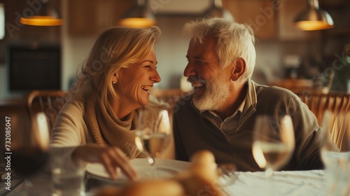 Minimalist shot capturing a couple joyfully laughing together at the table
