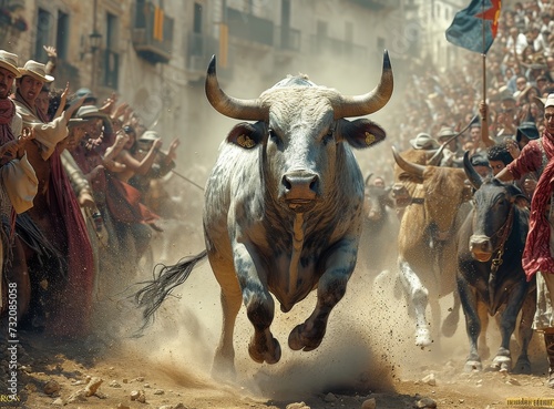 Amidst a bustling crowd of people, a majestic bull charges through the open fields, determined to win the cattle race and claim victory for its bovine brethren
