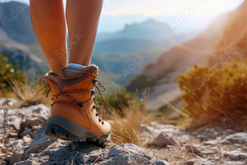 Man walks along a rocky path during sunrise against a natural landscape. View of a valley or hills in the open air and the serene beauty of nature © BraveSpirit