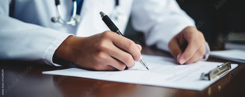 A healthcare professional's hands writing on paper at a hospital desk. A healthcare professional's hands writing on paper at a hospital desk.