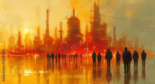 A vibrant oil painting captures the serene outdoor scene of a group of people walking past a reflective water surface in front of a bustling factory, evoking a sense of both industrial progress and n