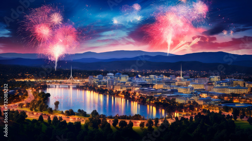 A dramatic fireworks show illuminates the night sky over a city, with multicolored bursts and streaks of light, portraying a grand celebration and urban excitement. © stateronz