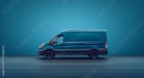 A compact blue van stands still on a deserted road, its wheels waiting to transport passengers through the open sky