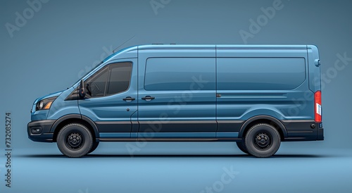 A sleek, compact blue van stands out against a matching background, ready to transport you on your journey with its sturdy wheels and reliable motor, embodying both practicality and style