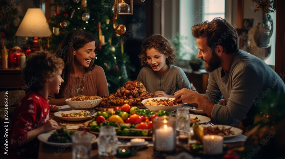 A joyful Christmas family dinner celebration at home.