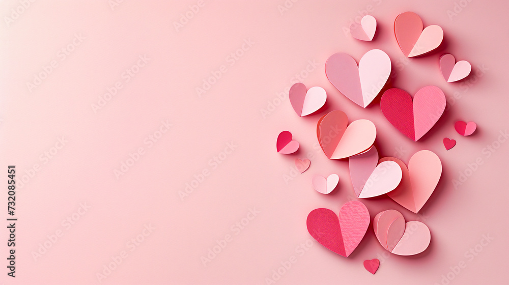 Valentines Day concept with heart shapes and pink decorations on a romantic background
