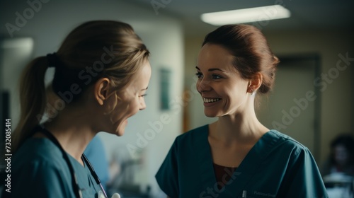 A woman patient shares a smile with a female nurse.