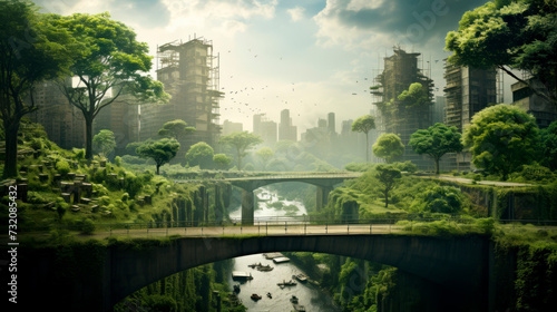 An overgrown city with nature reclaiming the urban landscape, featuring a bridge and river. © stateronz