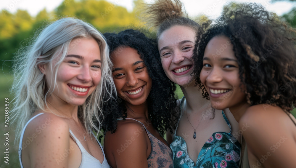 Young women smile and pose together. Women enjoying life during a social gathering or holiday Young women smile and pose together. Women enjoying life during a social gathering or holiday
