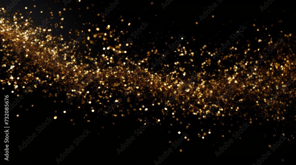 Gold glitter powder sparkles brightly against a black background. Gold glitter powder sparkles brightly against a black background.