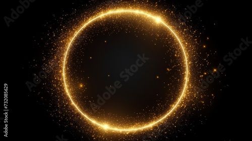 Golden glittery circle emitting light, shining with sparkles and golden particles in a circular frame against a black background.