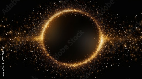 Golden glittery circle emitting light, shining with sparkles and golden particles in a circular frame against a black background.