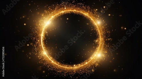 Golden glittery circle emitting light, shining with sparkles and golden particles in a circular frame against a black background.